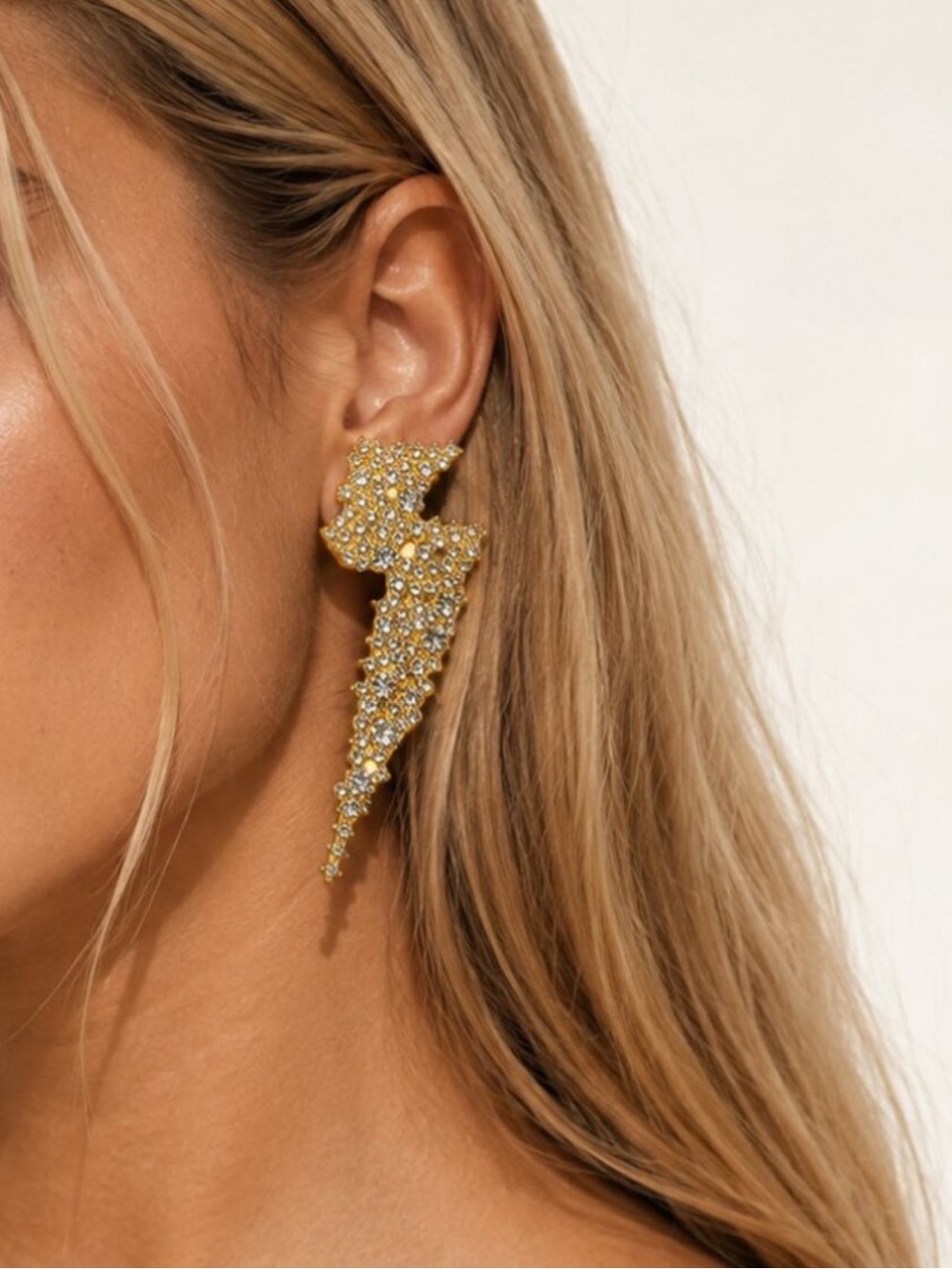 ✨ Rhinestone Lightning Bolt Statement Earrings Crystal Drop 24k Gold Plated new
